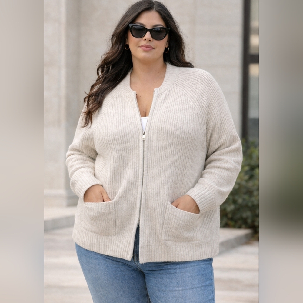 AVA & VIV Cream Knit Zip-Up Cardigan Sweater Women Plus Size Cozy Minimalist NWT